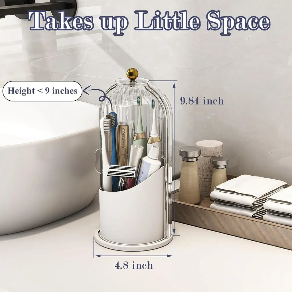 Toothbrush Holder with Sliding Lid and Rotating 3-Slot Design, Bathroom Countertop Organizer for Toothbrushes, Toothpaste, and Makeup Brushes (Grey/White)