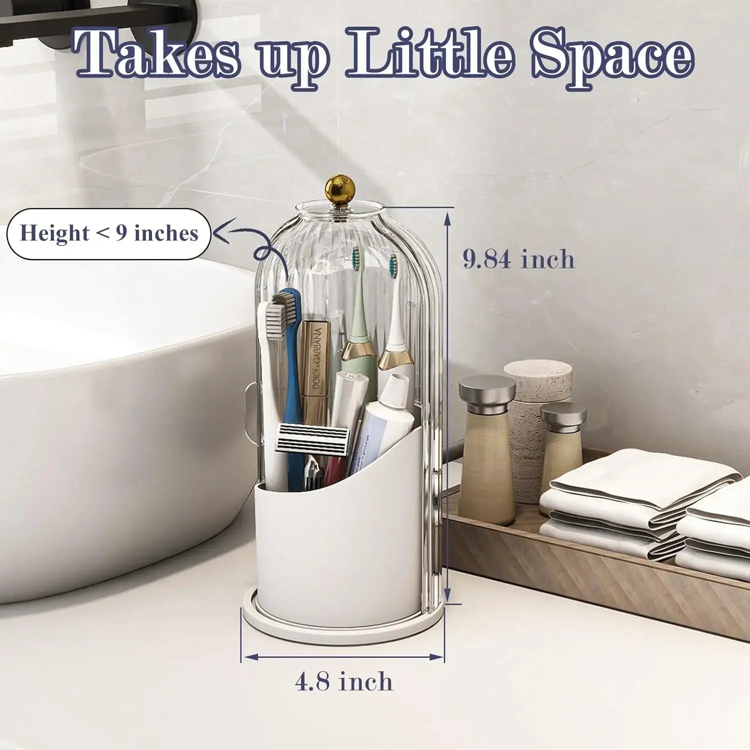 Toothbrush Holder with Sliding Lid and Rotating 3-Slot Design, Bathroom Countertop Organizer for Toothbrushes, Toothpaste, and Makeup Brushes (Grey/White)
