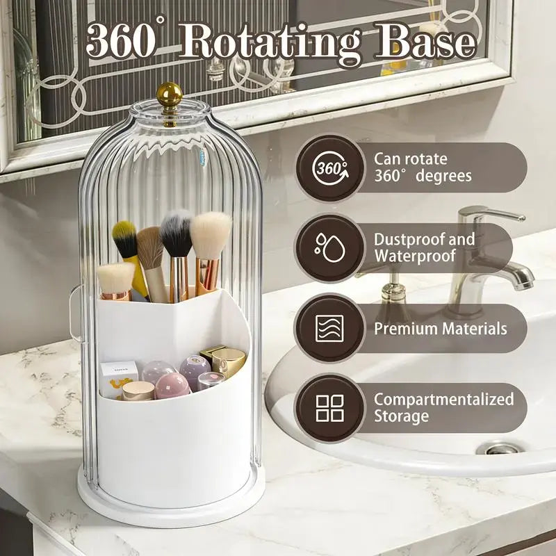 Toothbrush Holder with Sliding Lid and Rotating 3-Slot Design, Bathroom Countertop Organizer for Toothbrushes, Toothpaste, and Makeup Brushes (Grey/White)