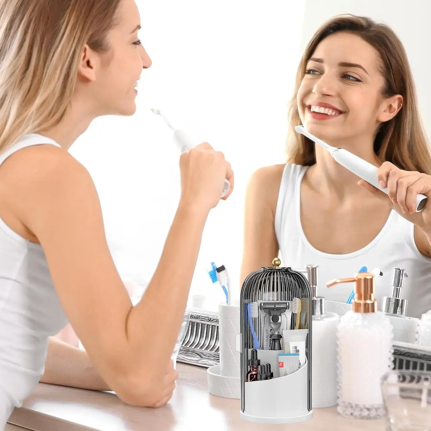 Toothbrush Holder with Sliding Lid and Rotating 3-Slot Design, Bathroom Countertop Organizer for Toothbrushes, Toothpaste, and Makeup Brushes (Grey/White)