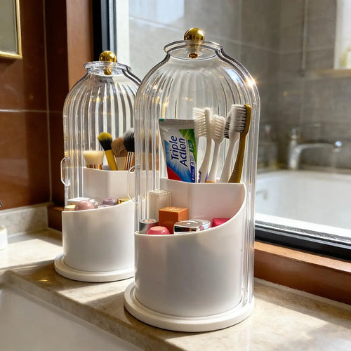 Toothbrush Holder with Sliding Lid and Rotating 3-Slot Design, Bathroom Countertop Organizer for Toothbrushes, Toothpaste, and Makeup Brushes (Grey/White)