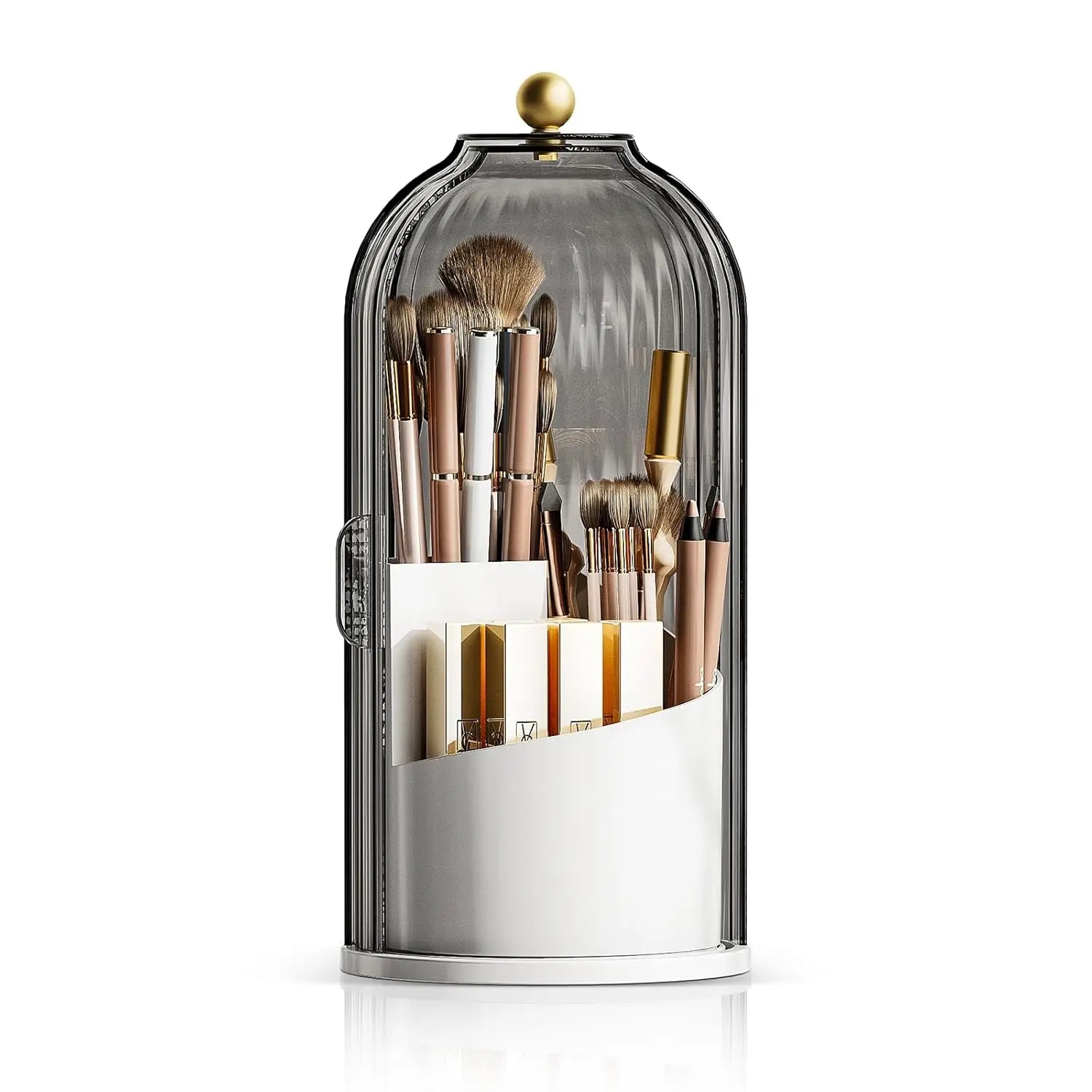 Toothbrush Holder with Sliding Lid and Rotating 3-Slot Design, Bathroom Countertop Organizer for Toothbrushes, Toothpaste, and Makeup Brushes (Grey/White)
