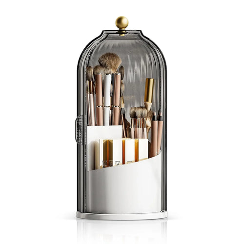 Toothbrush Holder with Sliding Lid and Rotating 3-Slot Design, Bathroom Countertop Organizer for Toothbrushes, Toothpaste, and Makeup Brushes (Grey/White)